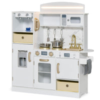 INFANS Kids Kitchen Playset with Lights, Toddler Wooden Pretend Cooking Set with Coffee Maker