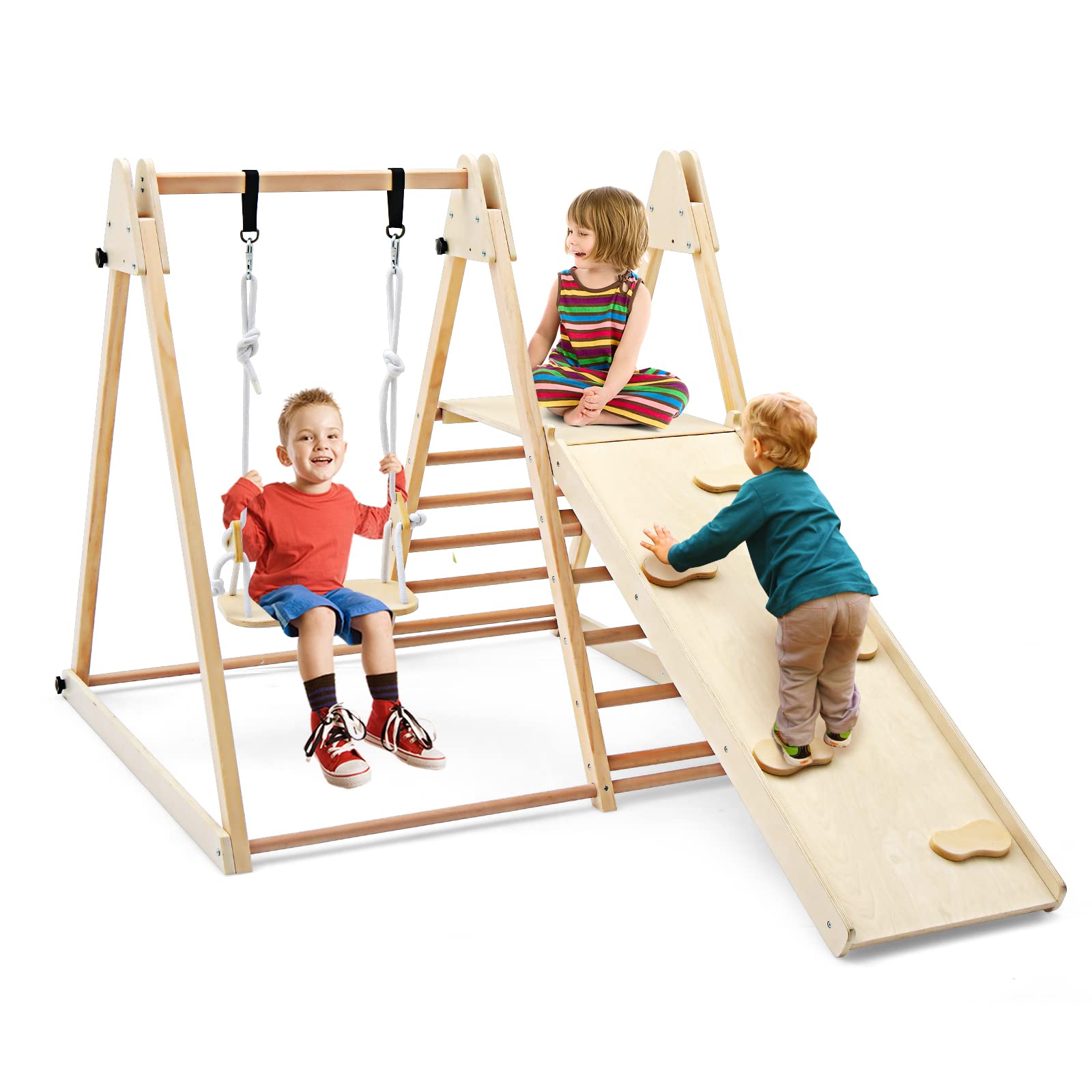 INFANS Climbing Toys for Toddlers, 4 in 1 Foldable Kids Wood Montessori Triangle Set Climber, Indoor Climb Activity