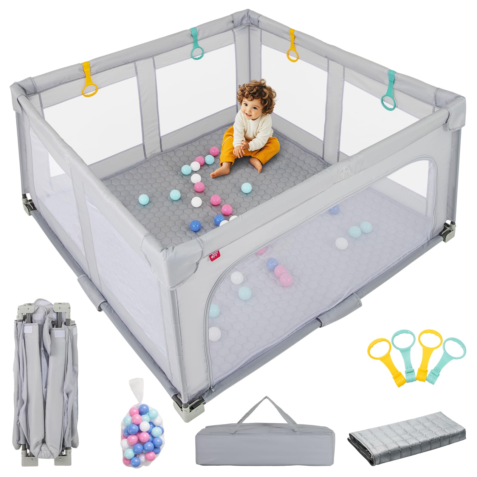 INFANS Foldable Baby Playpen with Mat, Large Baby Play Yard for Infant with 50 Ocean Balls, Fence Toddler Activity Center