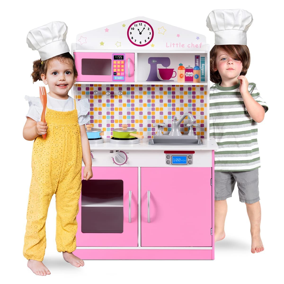 Pink Wooden Play Kitchen for Toddlers with Real Sounds