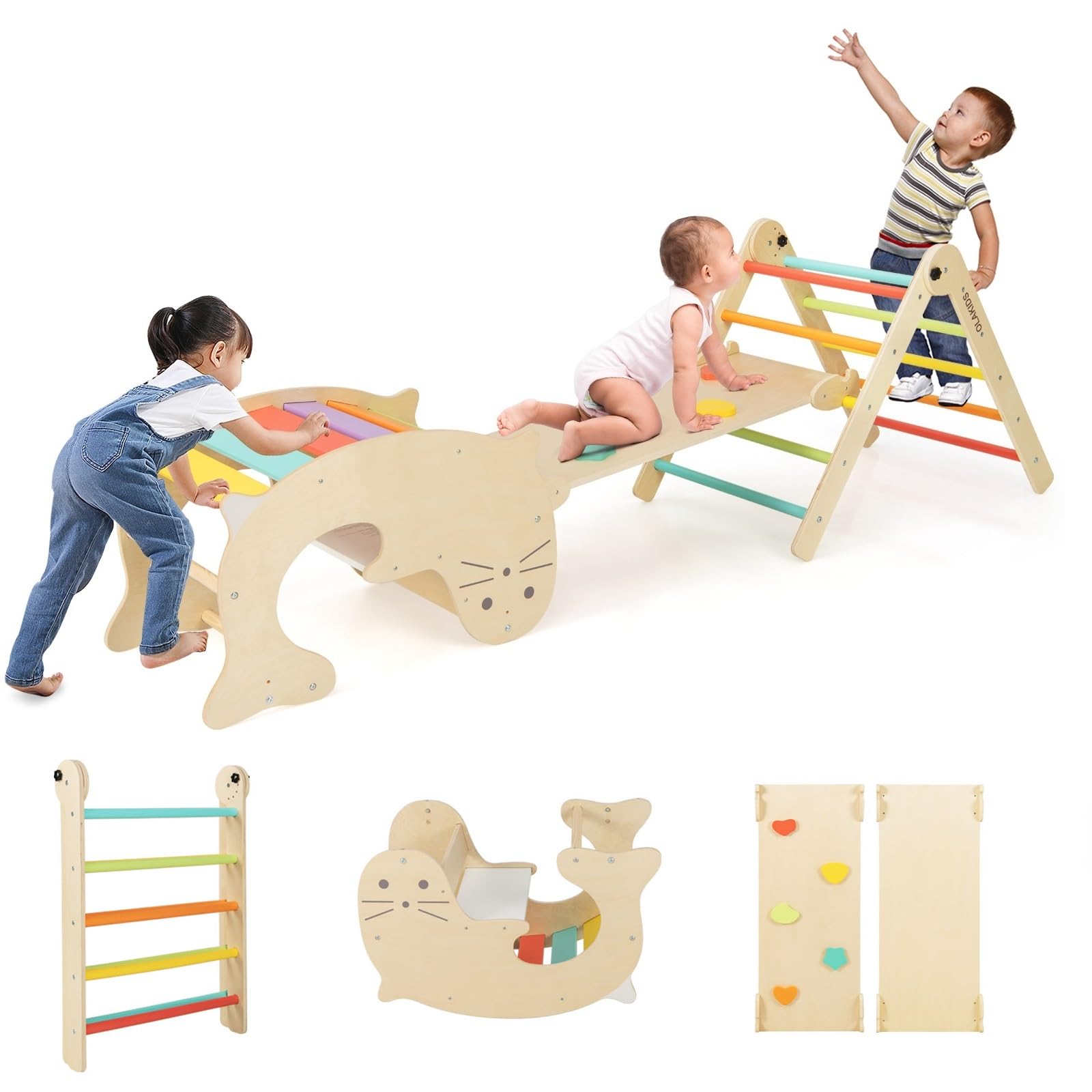 INFANS Climbing Toys for Toddlers, 5 in 1 Foldable Wooden Pikler Montessori Jungle Gym with Ramp Slide, Baby Climber