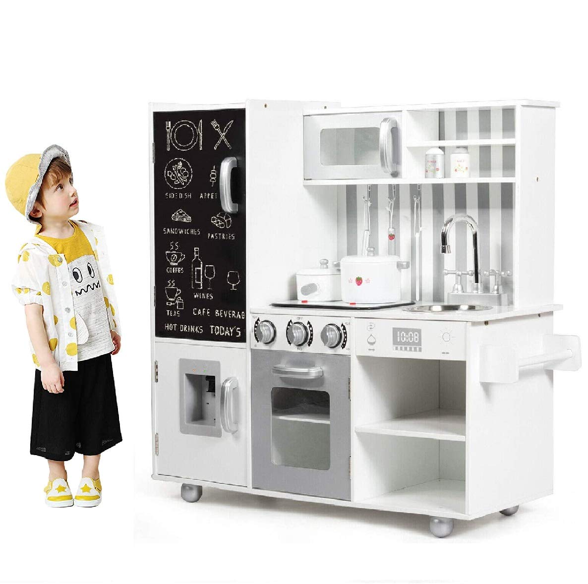 INFANS Kids Kitchen Playset, Toddler Wooden Pretend Cooking Set with Chalkboard Fridge Water Dispenser Stove Oven Sink