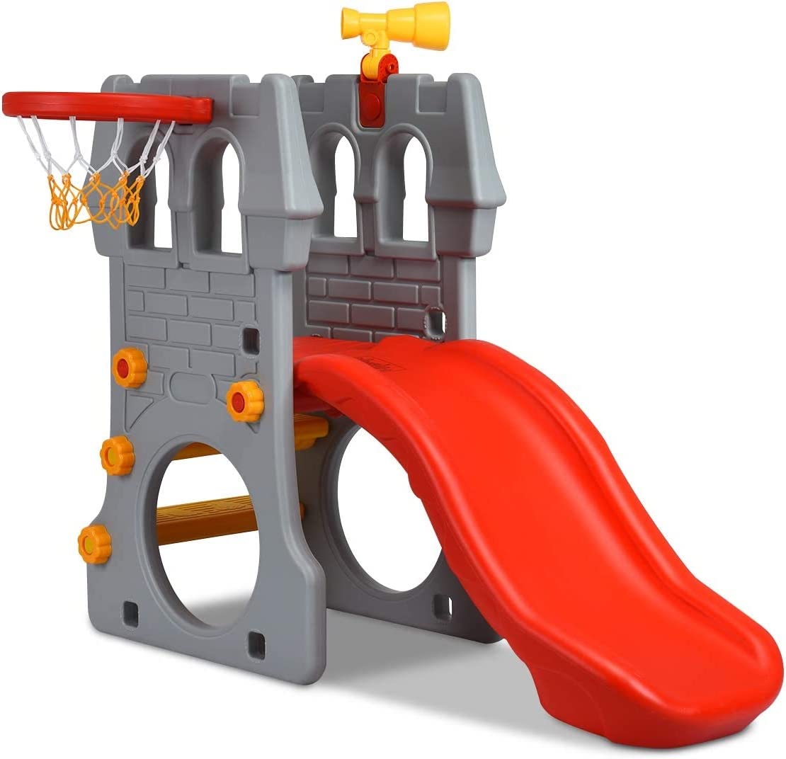 5 in 1 Toddler Slide Indoor Outdoor Playground Climber with Slide Basketball Hoop Telescope Crawl Tunnel Climb Stairs