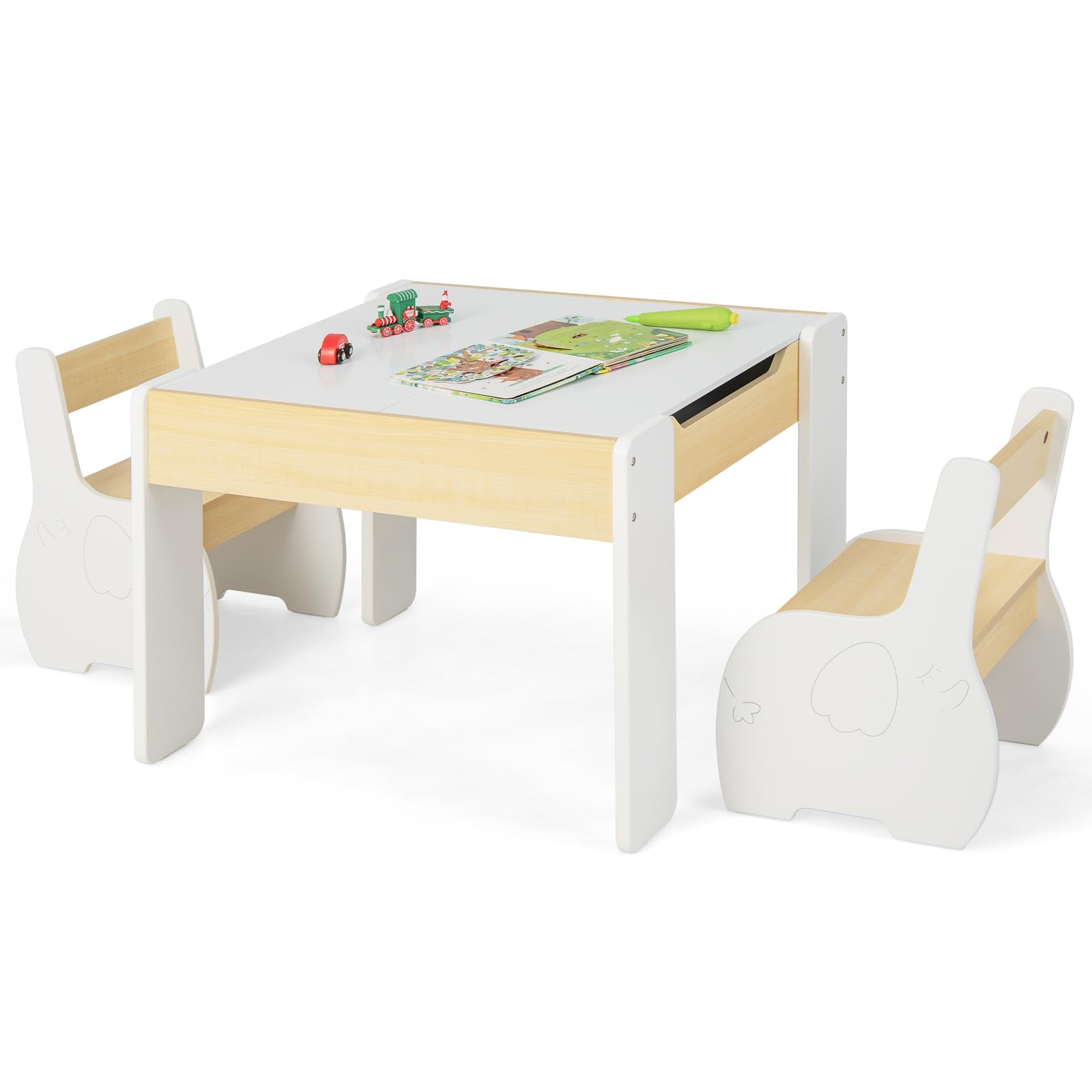 INFANS 3 in 1 Kids Table and Chair Set, Wood Multi Activity Table with Removable Tabletop, Detachable Blackboard