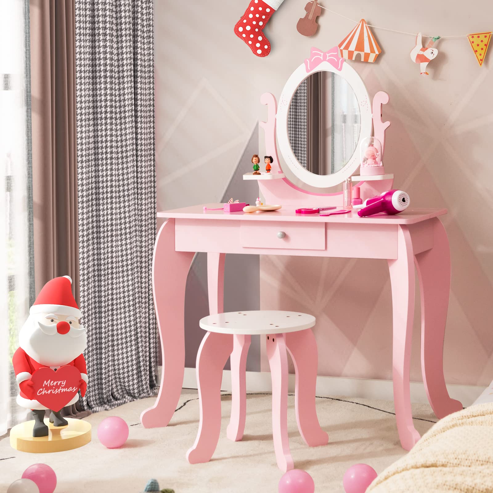 2 in 1 Wooden Kids Vanity Set Princess Pink Makeup Table and Chair Set