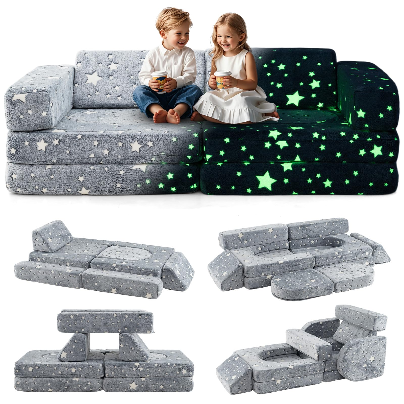 INFANS Modular Kids Play Couch, 10PCS Toddler Creative Sectional Fort Building Sofa, Children Soft Foam Furniture Playset