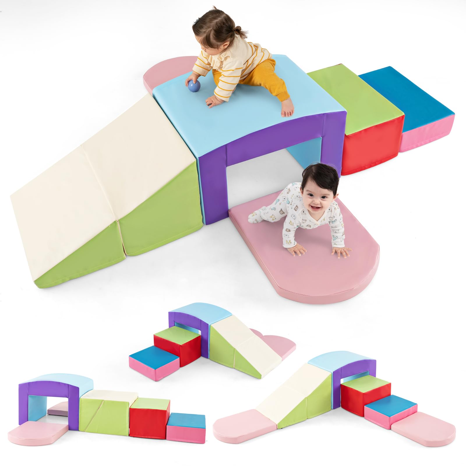 INFANS Climbing Toys for Toddlers, 7 Piece Indoor Baby Foam Blocks Soft Play Set with PU Leather