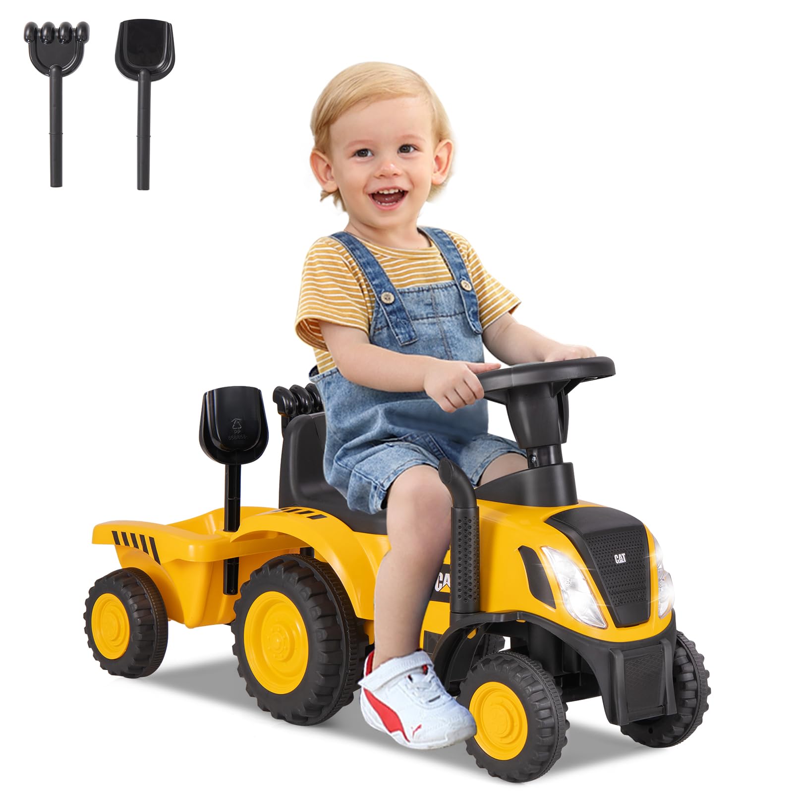 INFANS Licensed Caterpillar Ride on Tractor, Foot to Floor Sliding Truck with Detachable Trailer, Toy Walker for Kids Age 1.5-3