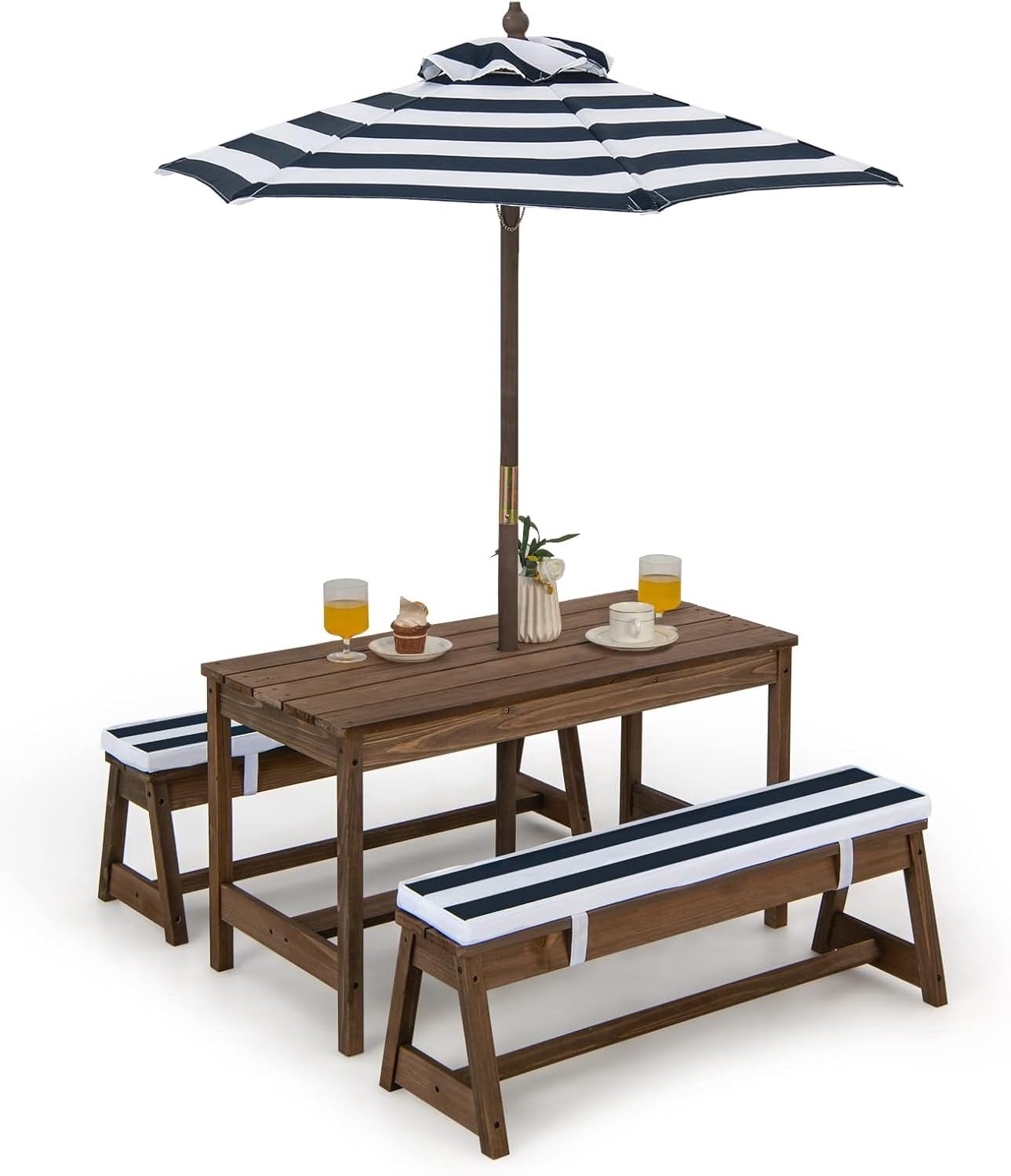 Kids Picnic Table with Removable Cushions Height Adjustable Umbrella