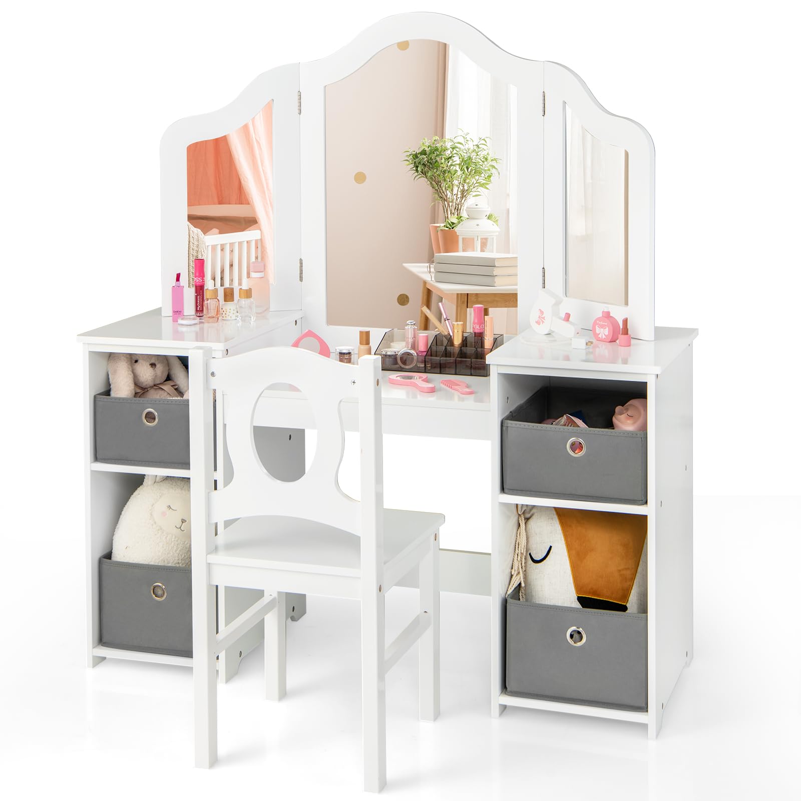 INFANS Kids Vanity, 2 in 1 Princess Makeup Desk and Chair Set with 4 Drawers Tri-Folding Detachable Mirror, Wooden Dressing Table