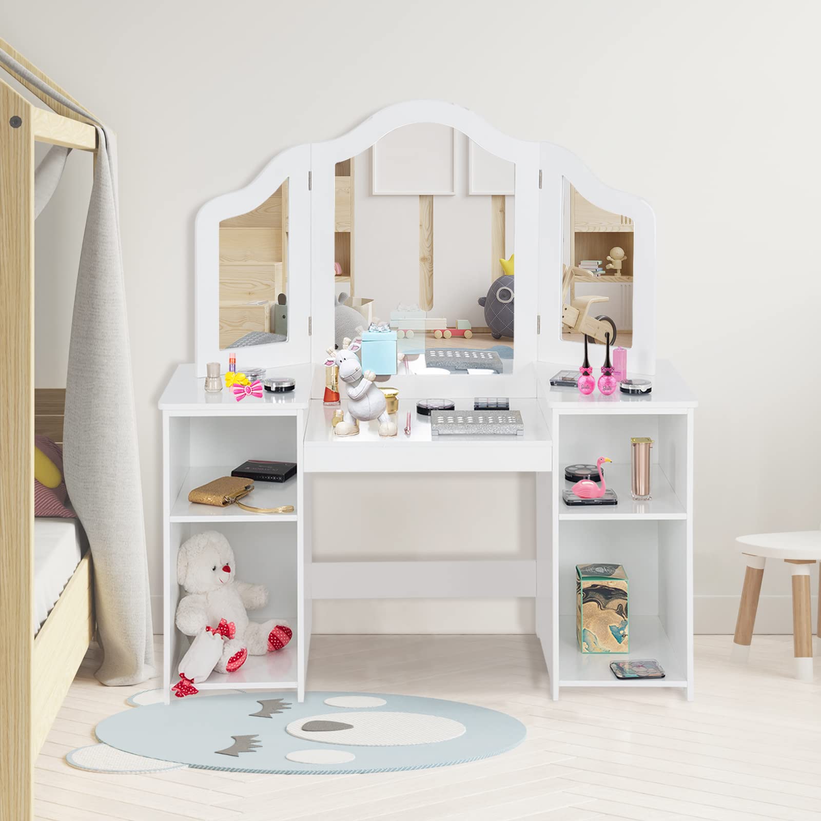 2 in 1 Princess Wooden Table Set for Toddlers with Tri-Folding Detachable Mirror