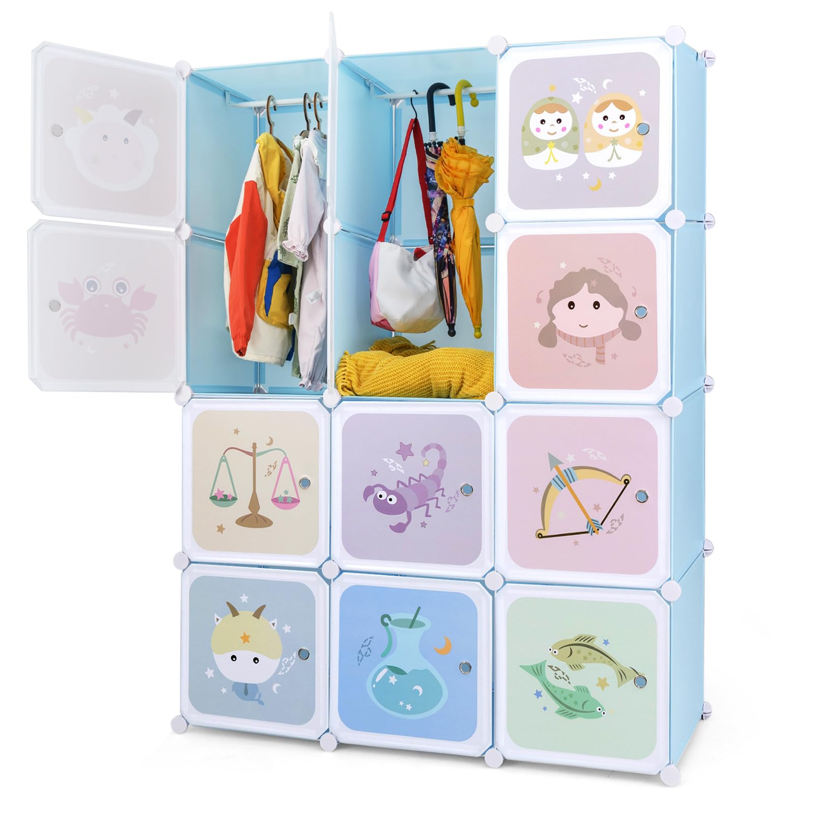INFANS Children Wardrobe, Kid Closet Portable Baby Dresser Cute for Kids Bedroom Nursery Armoire with Doors