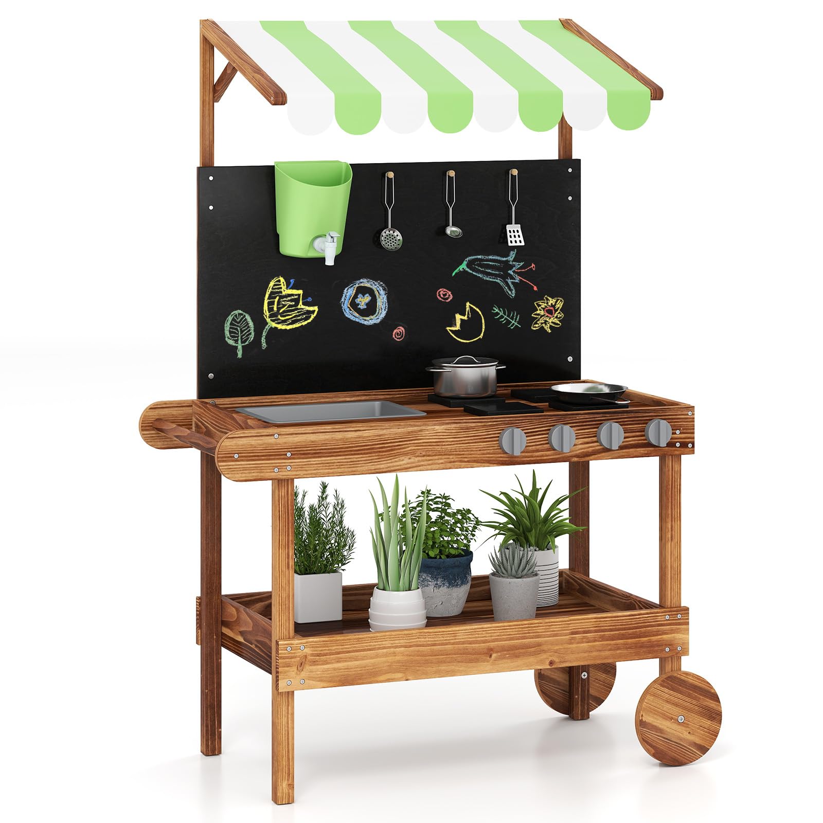 INFANS Outdoor Play Kitchen with Drawing Board Wooden Kids Kitchen Playset Gift