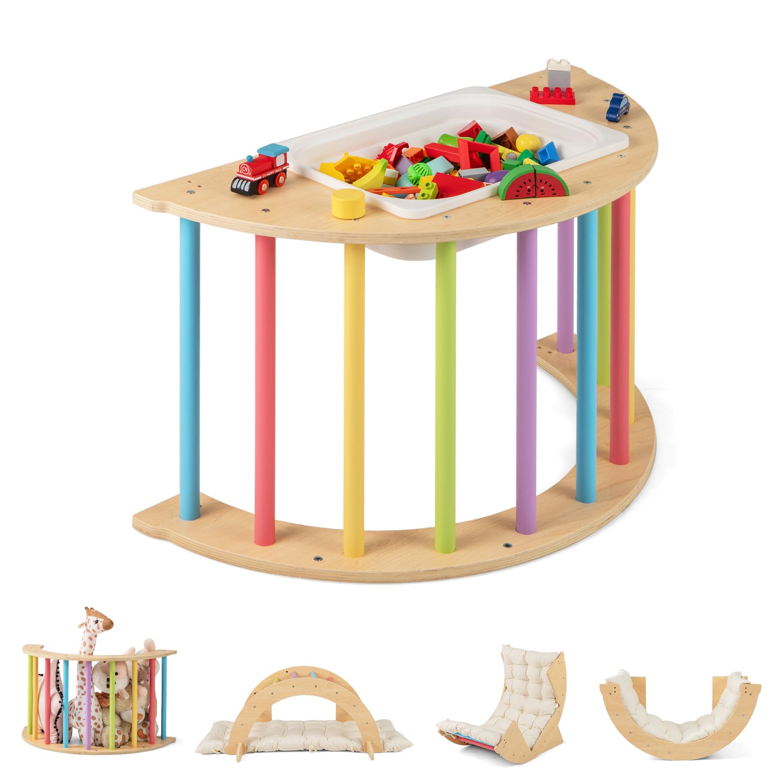 INFANS Wooden Arch Climber Rocker with Soft Cushion, 6 in 1 Montessori Climbing Toys for Toddlers, Gym Playset Gift for Kids