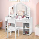 INFANS Kids Vanity, 2 in 1 Princess Makeup Desk and Chair Set with Drawers Tri-Folding Detachable Mirror Large Storage Shelves