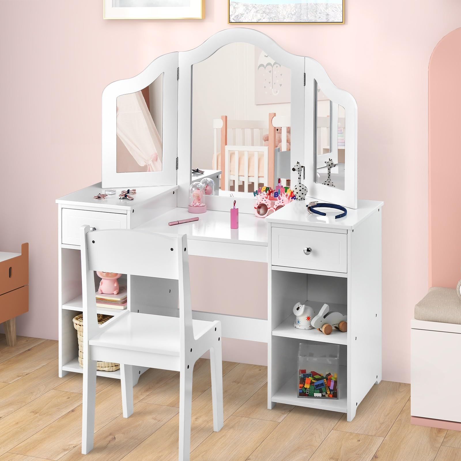 INFANS Kids Vanity, 2 in 1 Princess Makeup Desk and Chair Set with Drawers Tri-Folding Detachable Mirror Large Storage Shelves
