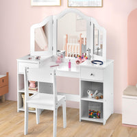 INFANS Kids Vanity, 2 in 1 Princess Makeup Desk and Chair Set with Drawers Tri-Folding Detachable Mirror Large Storage Shelves