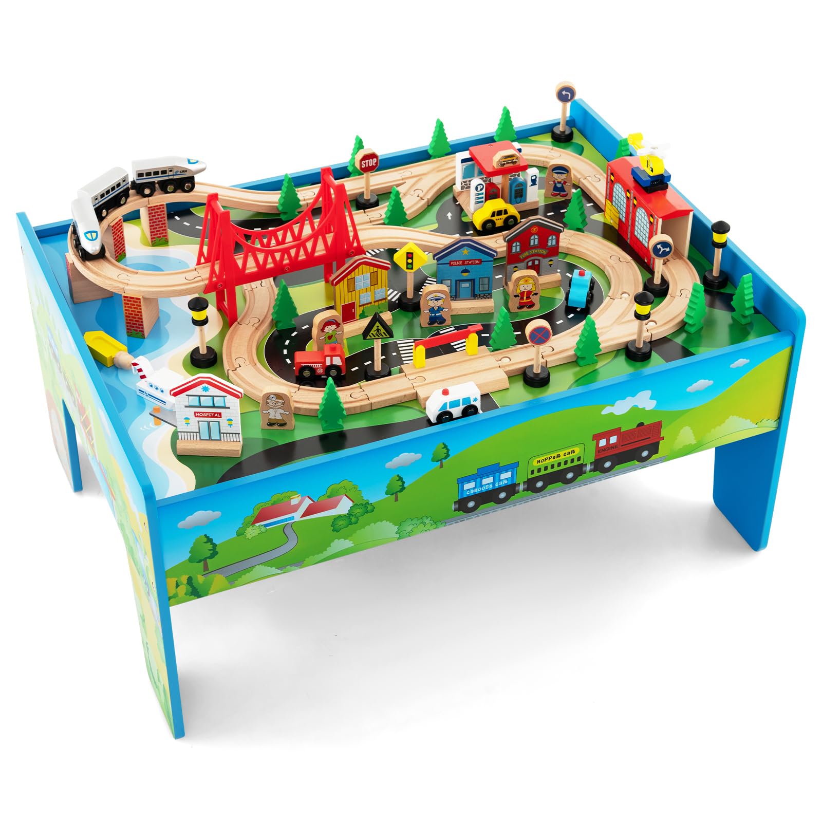 INFANS Train Table, 80 Pieces Wooden Kids Activity Toy Table Playset with Reversible Detachable Tabletop