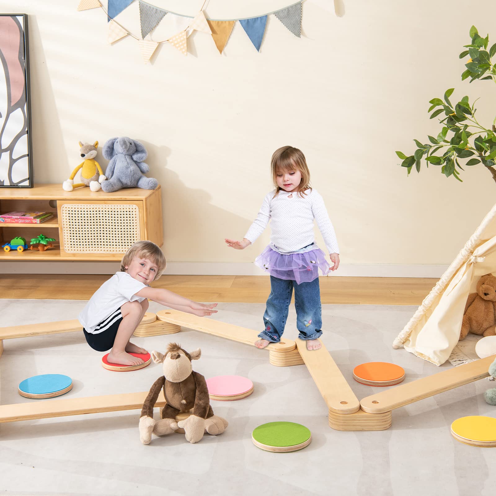 INFANS Montessori Wooden Balance Beam Stepping Stones for Kids, 12 Piece Obstacle Course for Playroom