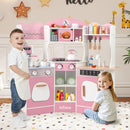 INFANS Corner Kids Kitchen Playset, Toddler Wooden Pretend Cooking Set with Lights Sounds Coffee Machine Washing Machine