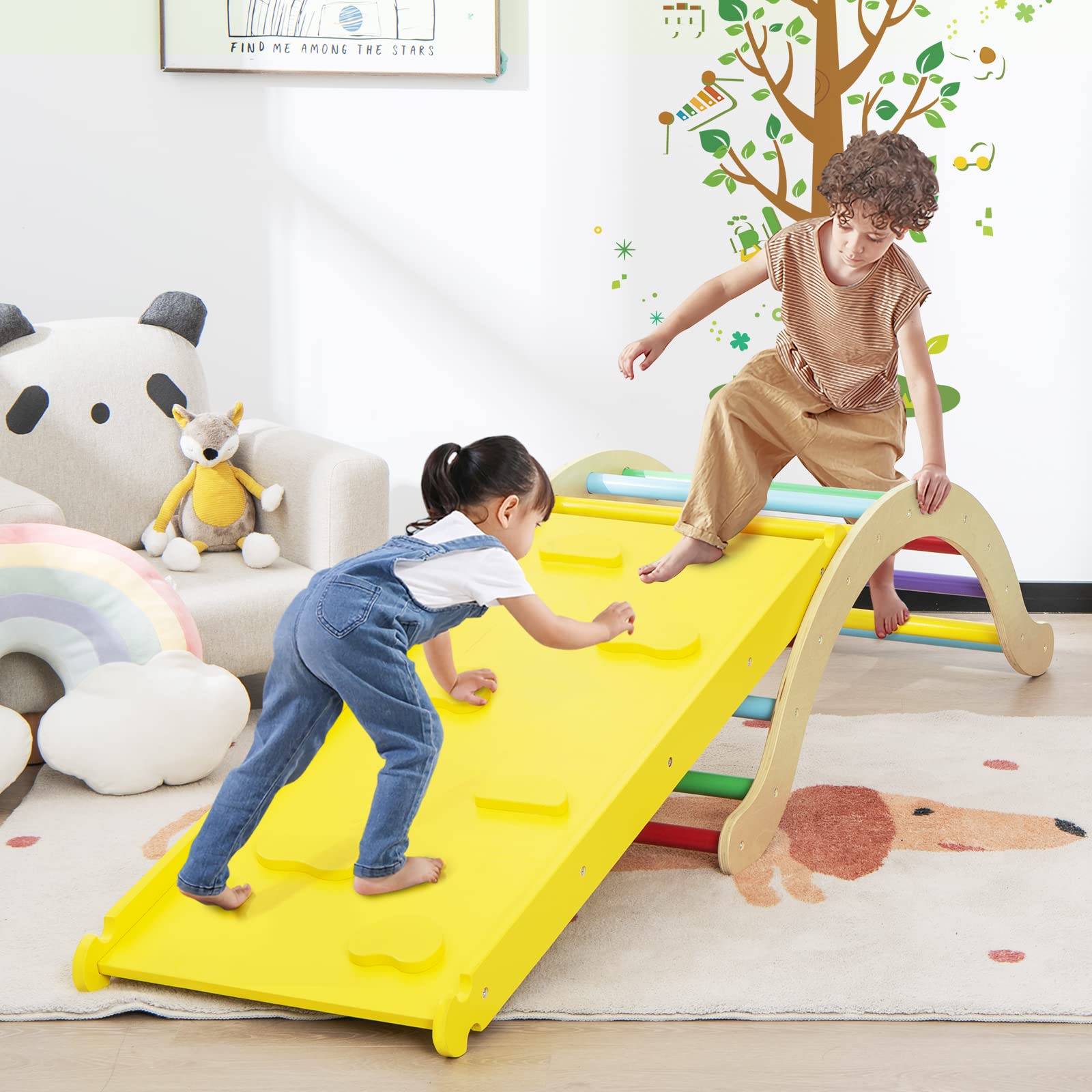 3 in 1 Kids Wooden Pikler Montessori Arch Climbing Rocker with Ramp Ladder Cushion Pad