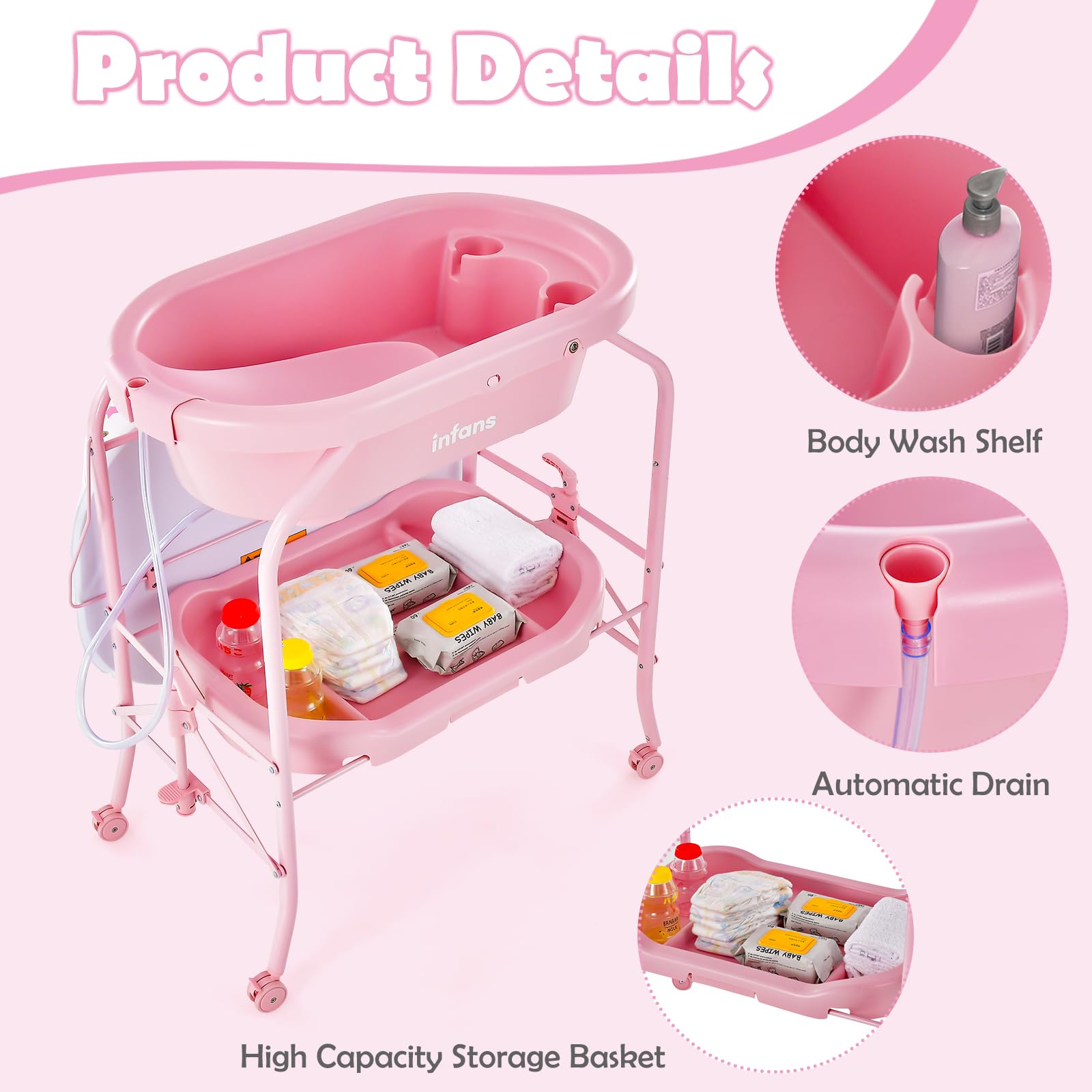 INFANS 2 in 1 Baby Changing Table with Bath Tub Unit, Folding Diaper Dresser Station with Wheels Waterproof Pad