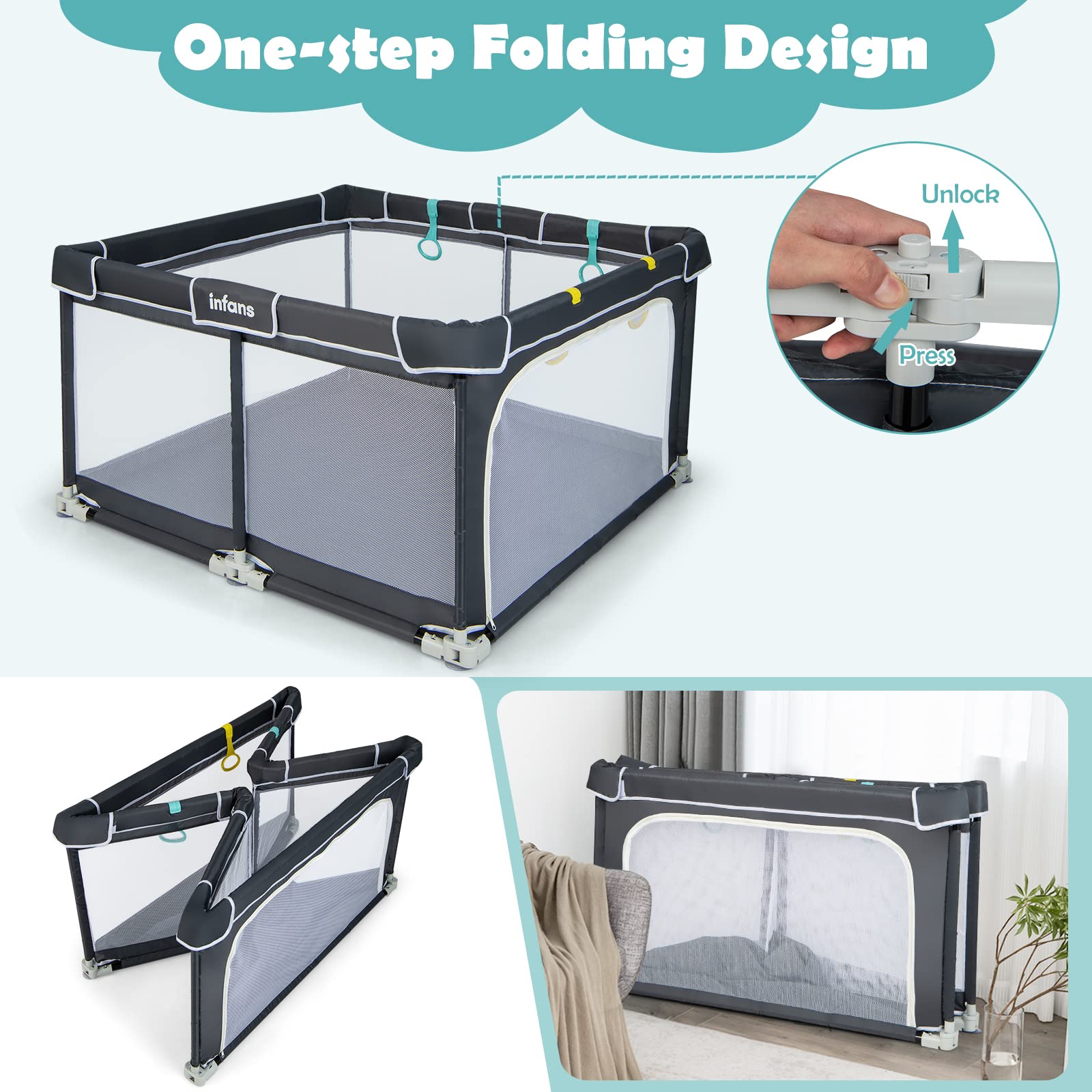 INFANS Baby Playpen, 50’’x50’’ Foldable Large Baby Playard, Indoor Outdoor Kids Activity Center Baby Fence