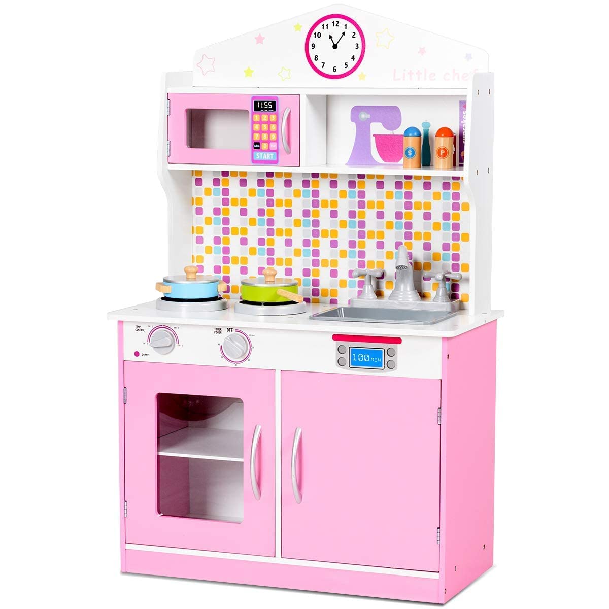 Pink Wooden Play Kitchen for Toddlers with Real Sounds