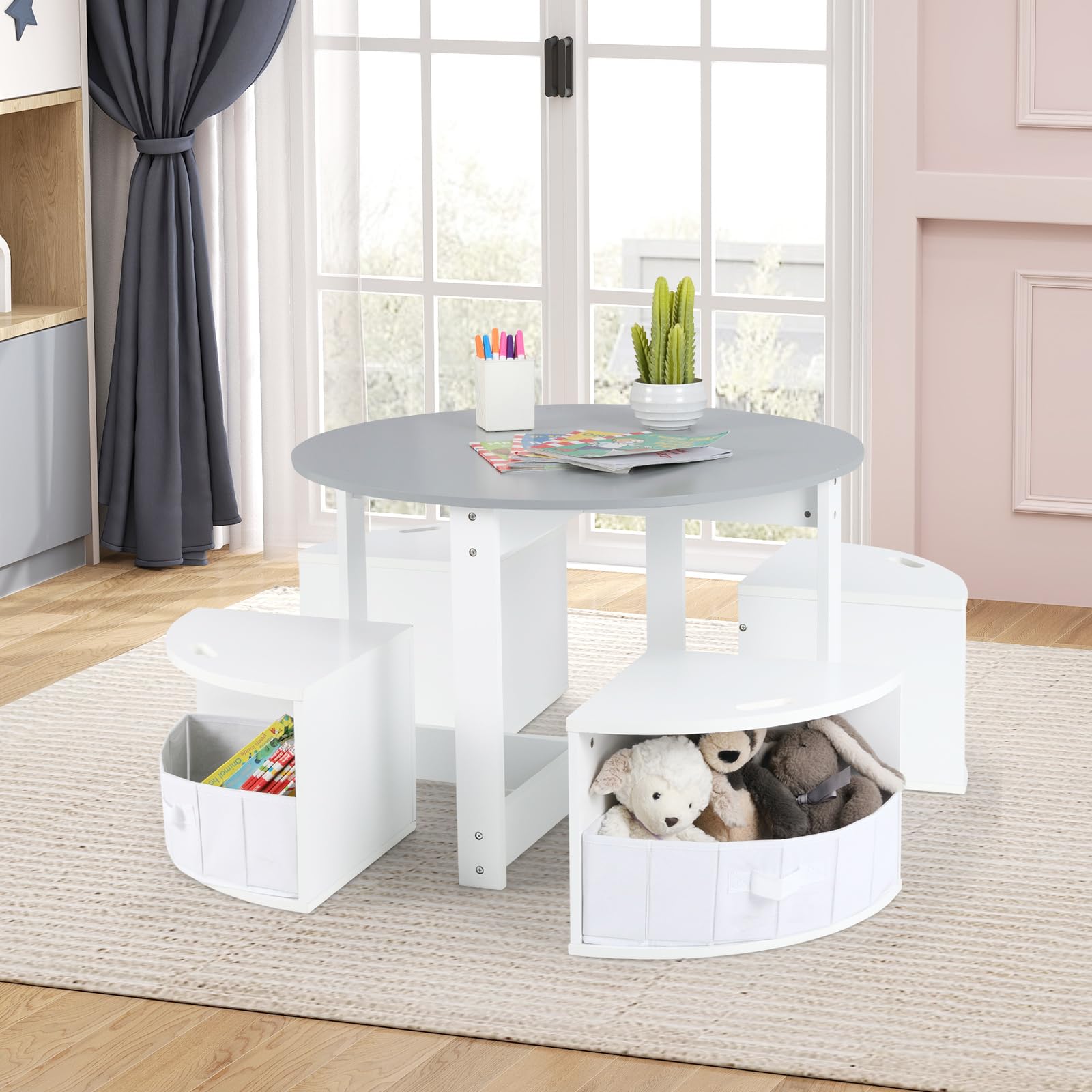 INFANS Toddler Table and Chair Set, Wooden Table and 4 Chairs with Nesting Design, Children Multi-Activity Table