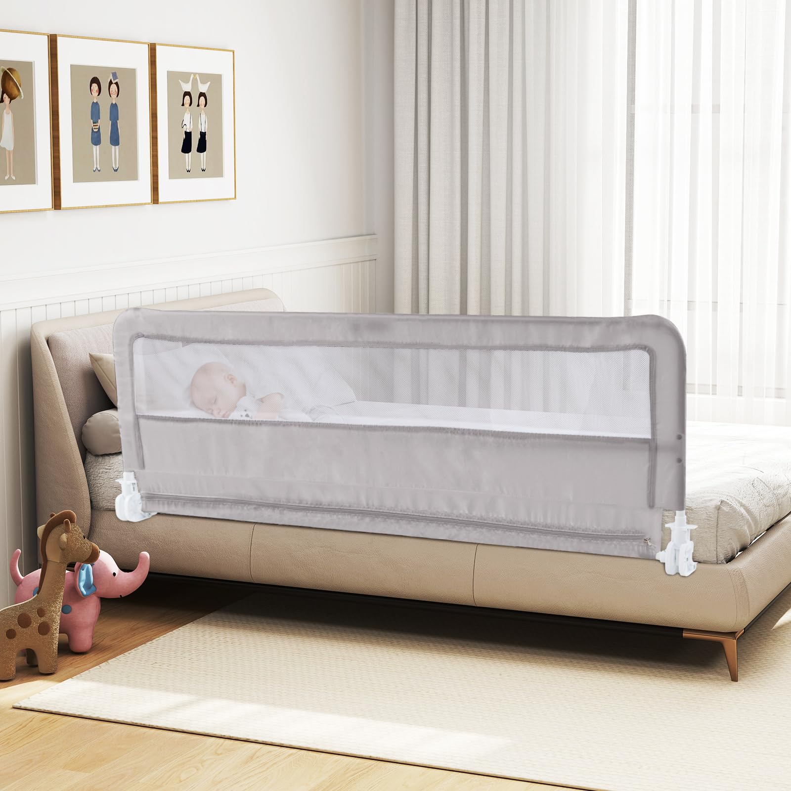 INFANS Bed Rail for Toddlers, 59" Foldable Safety Baby Crib Rail Fit for Kids Twin, Extra Long Swing Down Bed Guardrail for Convertible Crib, Queen, Full, King Mattress Side Guard