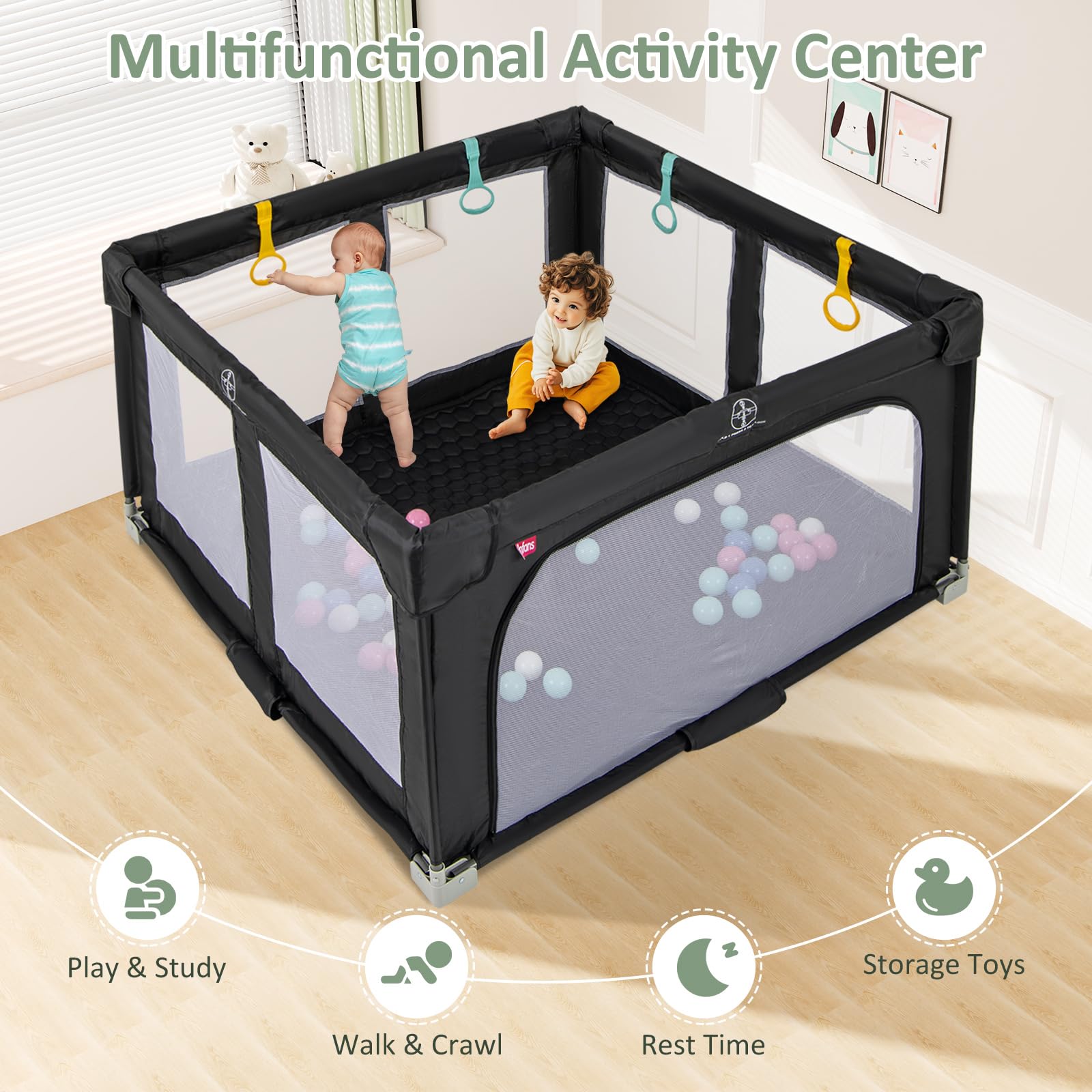 INFANS Foldable Baby Playpen with Mat, Large Baby Play Yard for Infant with 50 Ocean Balls, Fence Toddler Activity Center