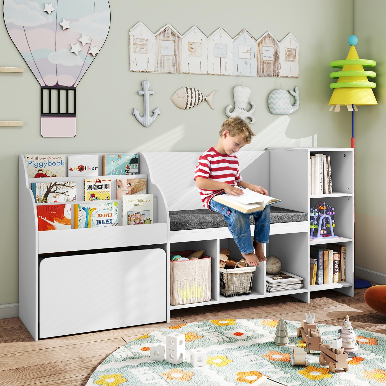 Kids Bookshelf Toy Storage Organizer with Reading Nook Seat Cushion