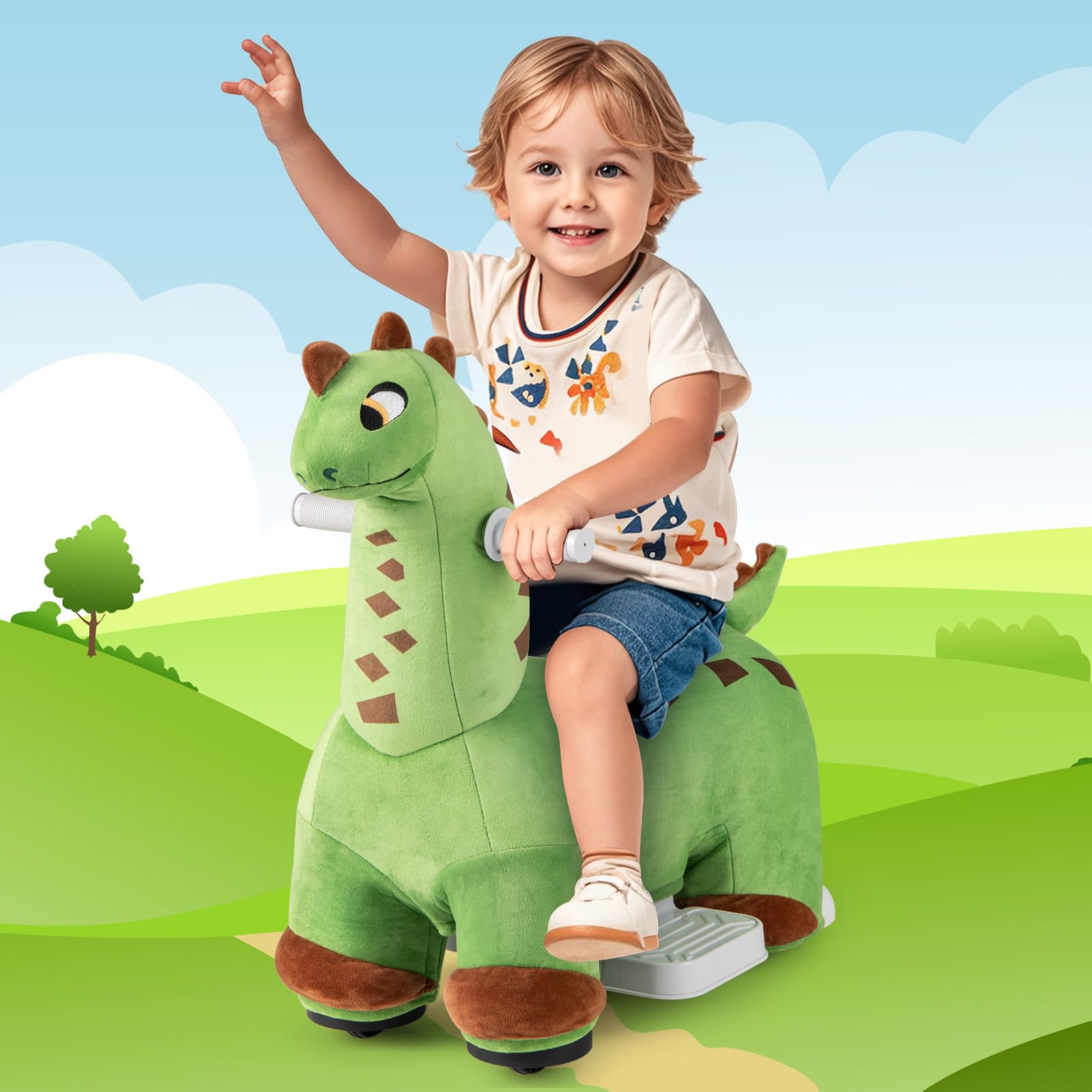 INFANS Ride on Toys, 6V Electric Battery Powered Electric Ride on Dinosaur with Music, Riding Horse Toy for Boys Girl Aged 3+
