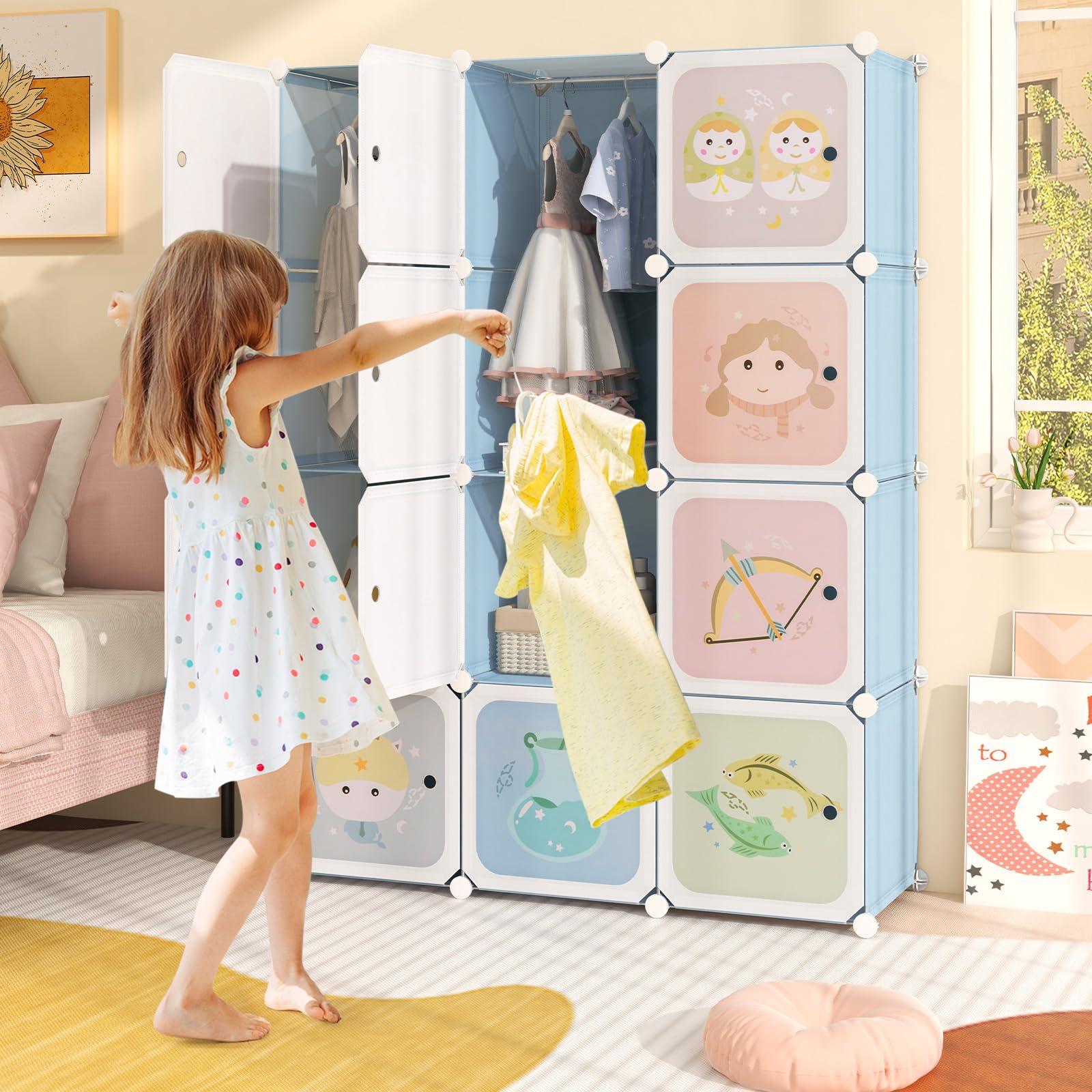 INFANS Children Wardrobe, Kid Closet Portable Baby Dresser Cute for Kids Bedroom Nursery Armoire with Doors