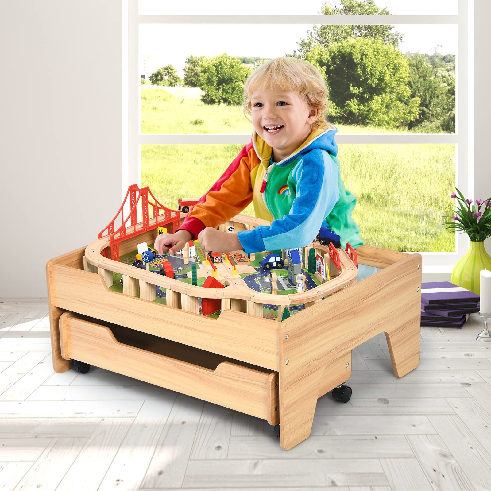 100 Pieces Kids Wooden Activity Table Playset with Storage Drawer Multicolor Railway Tracks Cars City