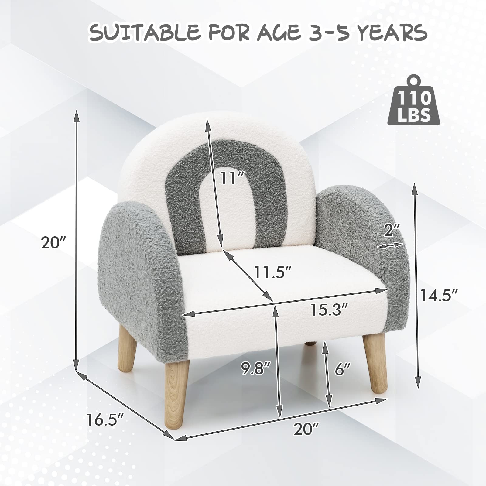INFANS Kids Sofa, Toddler Armchair with Solid Wooden Frame Anti-Tipping Design Plush Fabric, Upholstered Children Chair