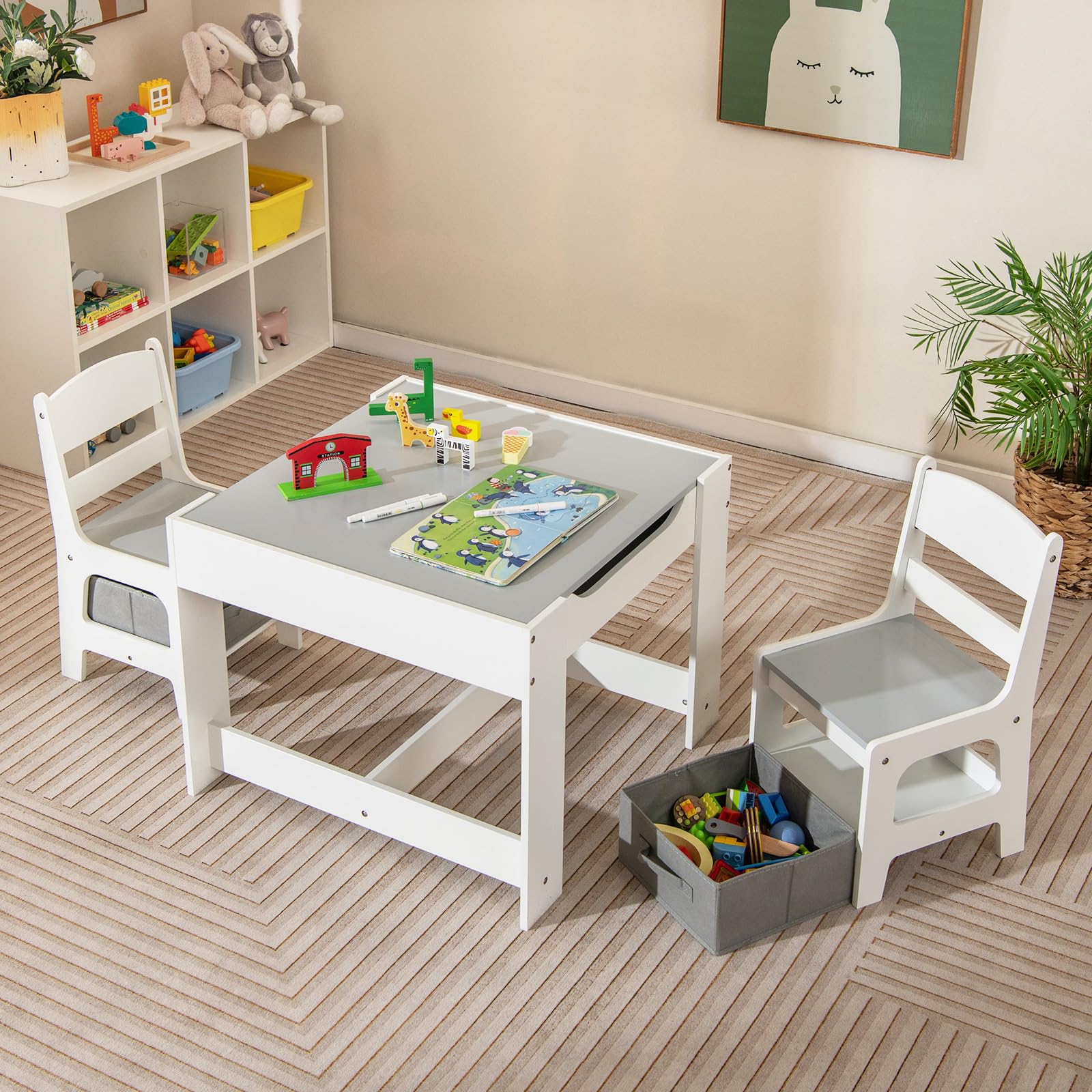 3 in 1 Wood Children Desk Set with Removable Blackboard