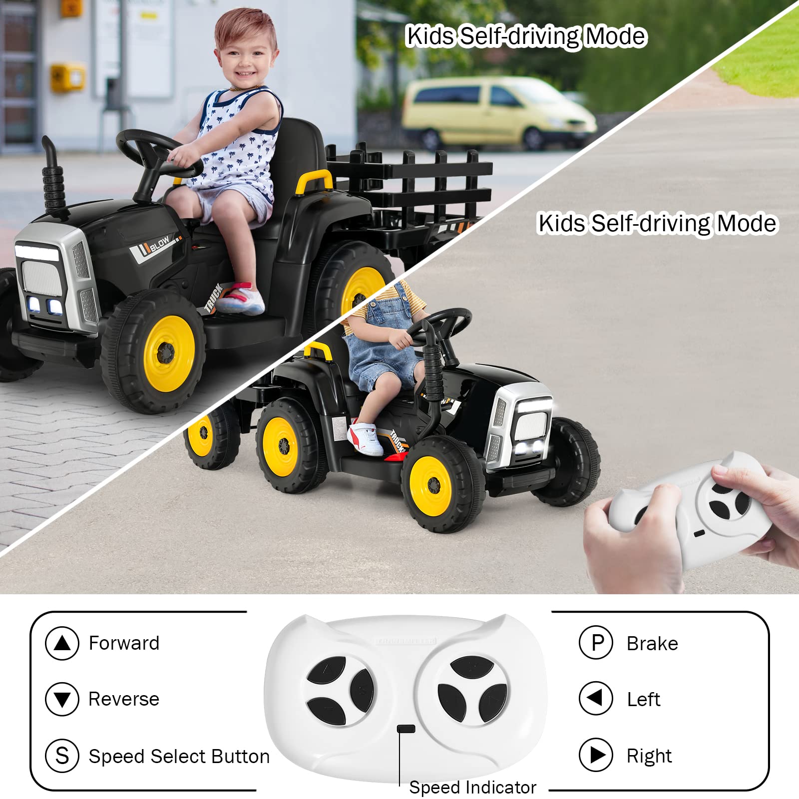 12V Kids Ride On Tractor 2 in 1 Electric Vehicle with Remote Control Detachable Trailer