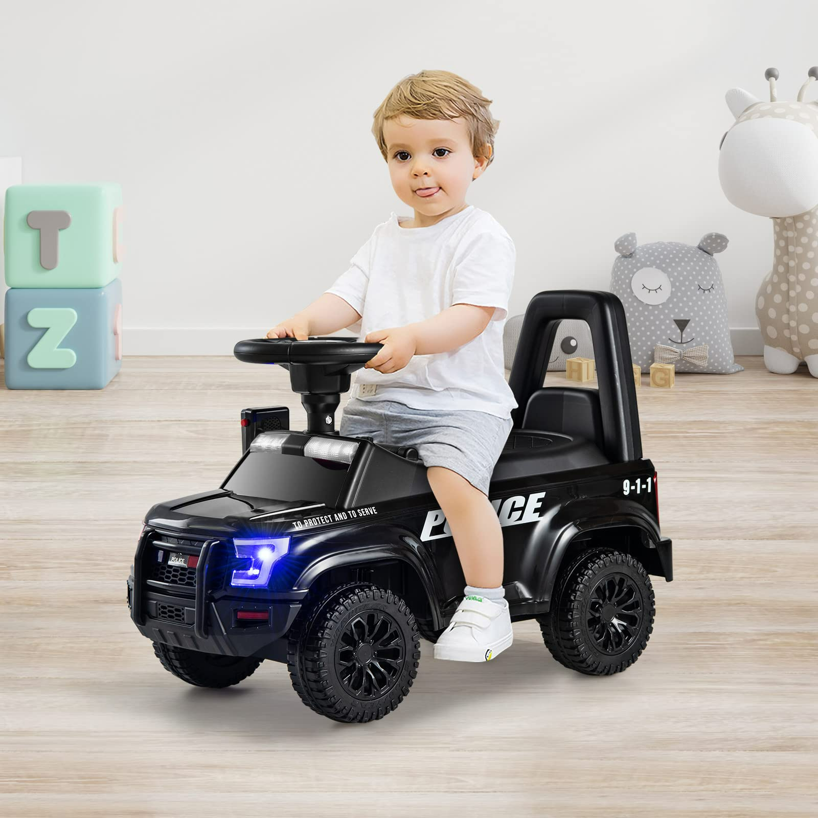 INFANS Ride on Push Police Car, Toddler Foot-to-Floor Sliding Toy, Kids Racer Walking Gift