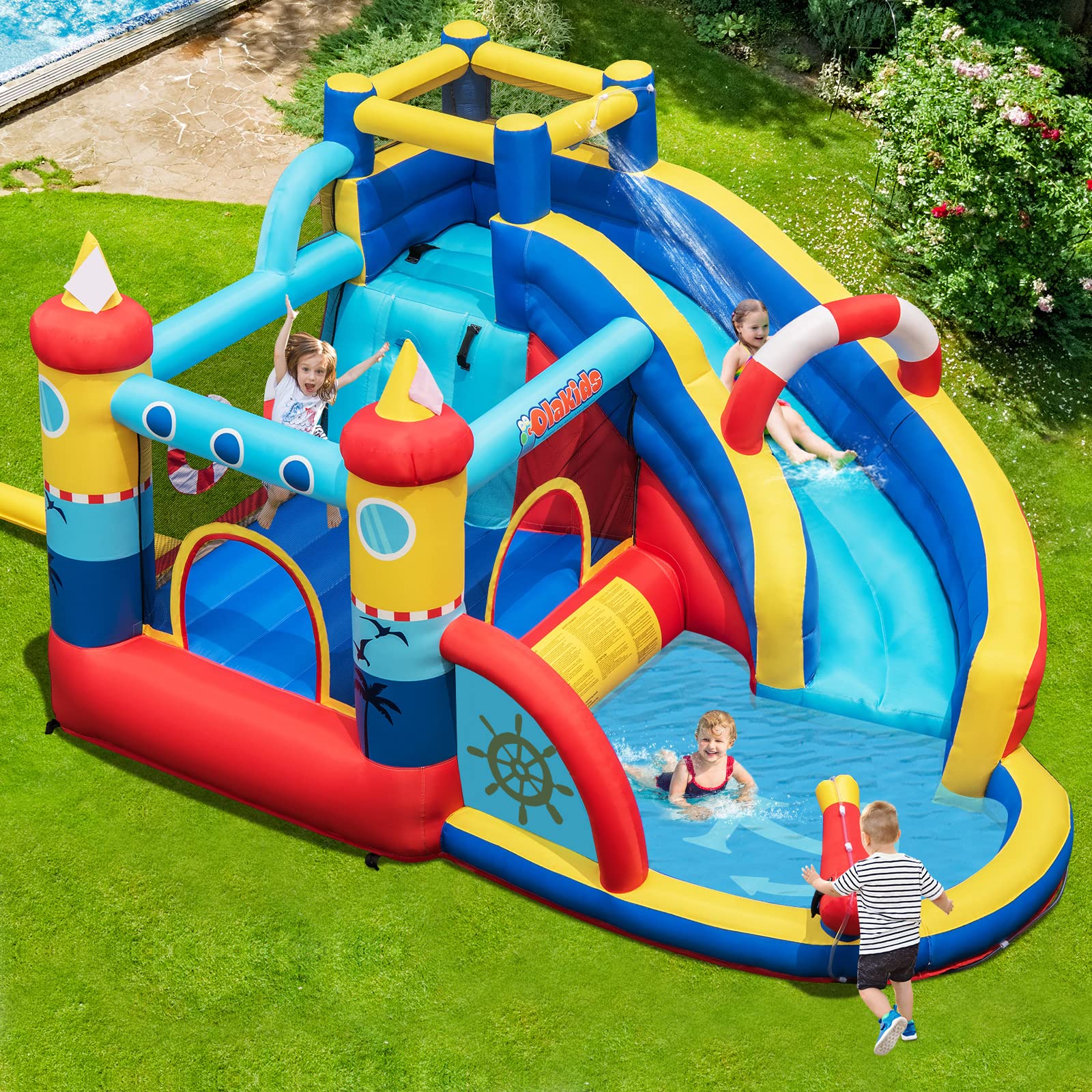 INFANS Inflatable Water Slides, Nautical Themed Bouncy House with Splash Pool,  Water Gun, Outdoor Jumping Castle (with Air Blower)