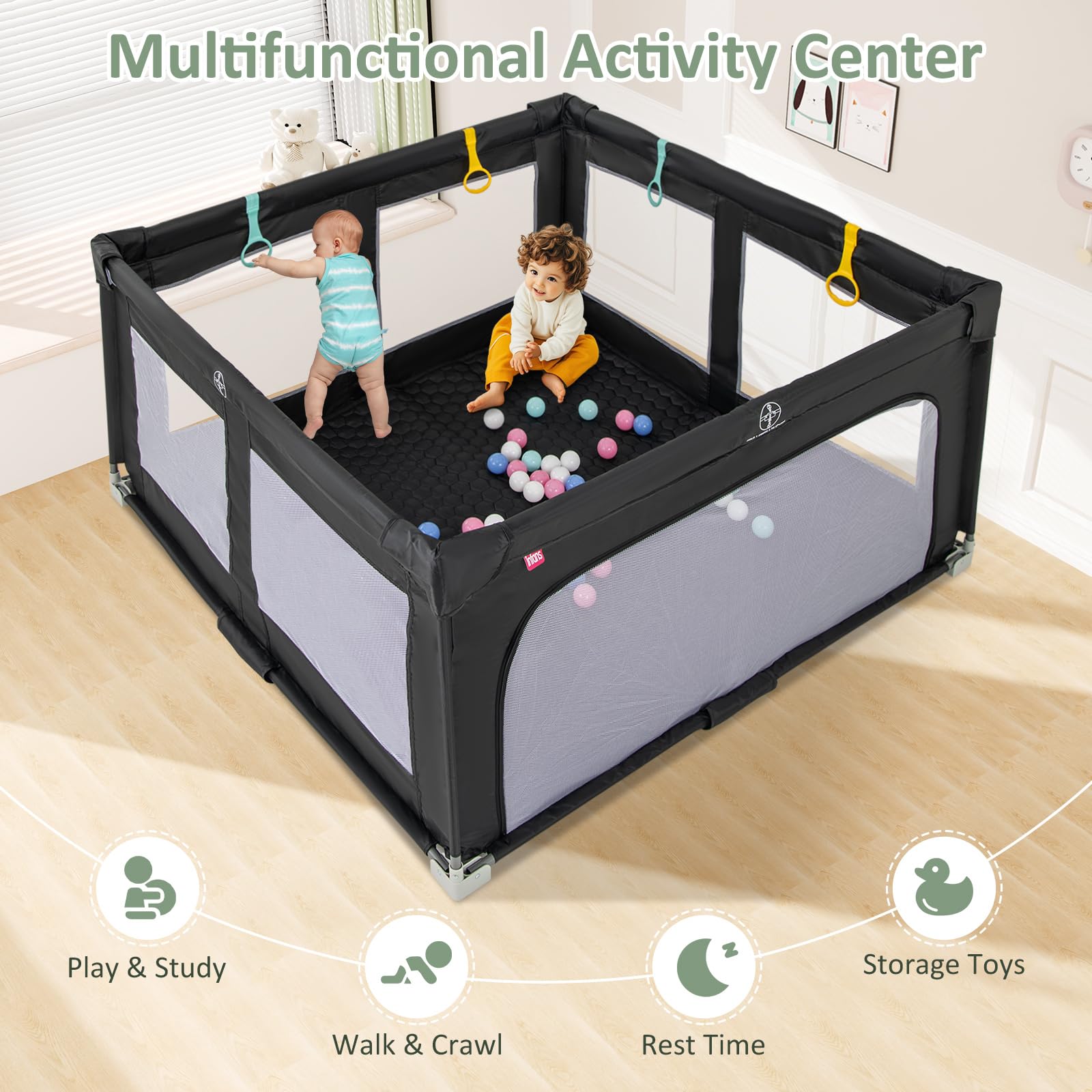 INFANS Foldable Baby Playpen with Mat, Large Baby Play Yard for Infant with 50 Ocean Balls, Fence Toddler Activity Center