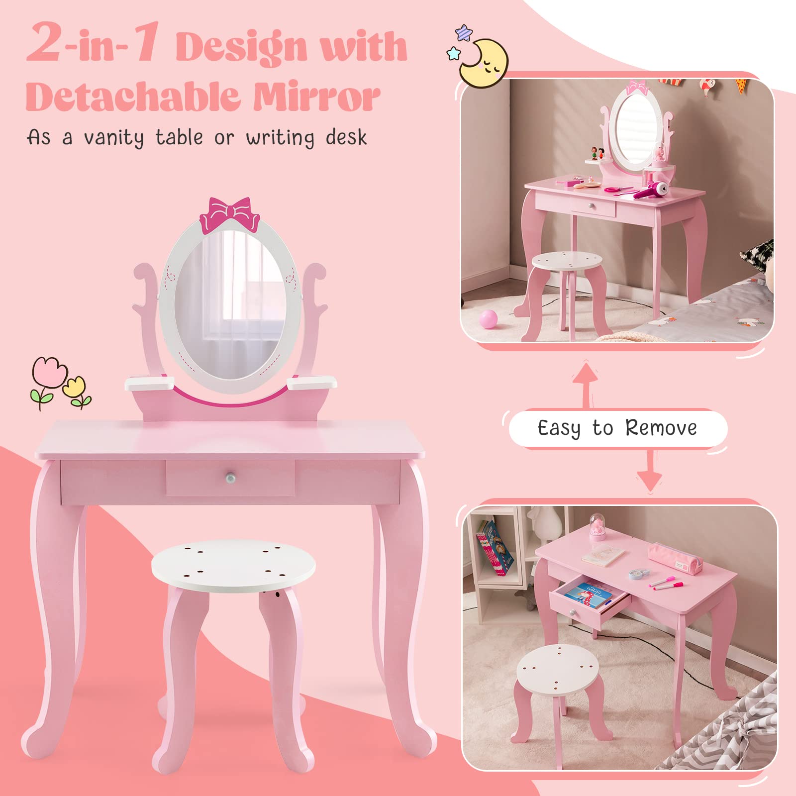 2 in 1 Wooden Kids Vanity Set Princess Pink Makeup Table and Chair Set