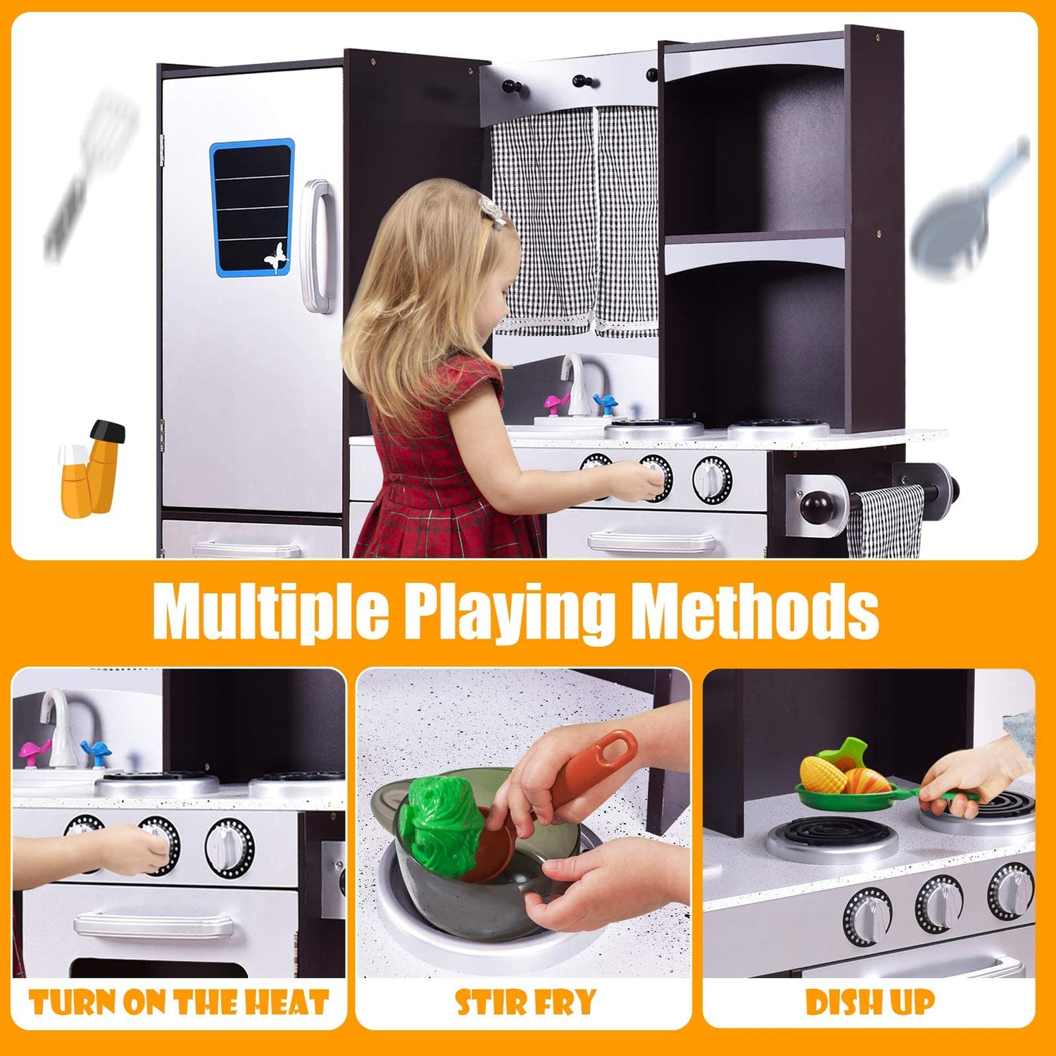 Kids Kitchen Playset Wooden Play Kitchen for Toddlers with Sound Chalkboard