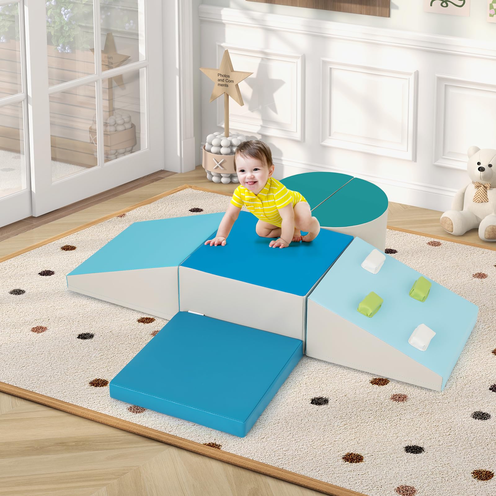 INFANS Climbing Toys for Toddlers, 6 Pieces Baby Foam Blocks Soft Play Set, Indoor Kids Climb and Crawl Sliding Structure