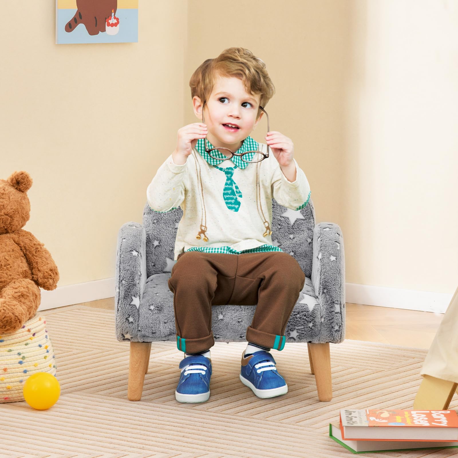 INFANS Kids Sofa with Glow in The Dark, Toddler Armchair Couch, Upholstered Comfy Foam Children Chair for Kindergarten Playroom