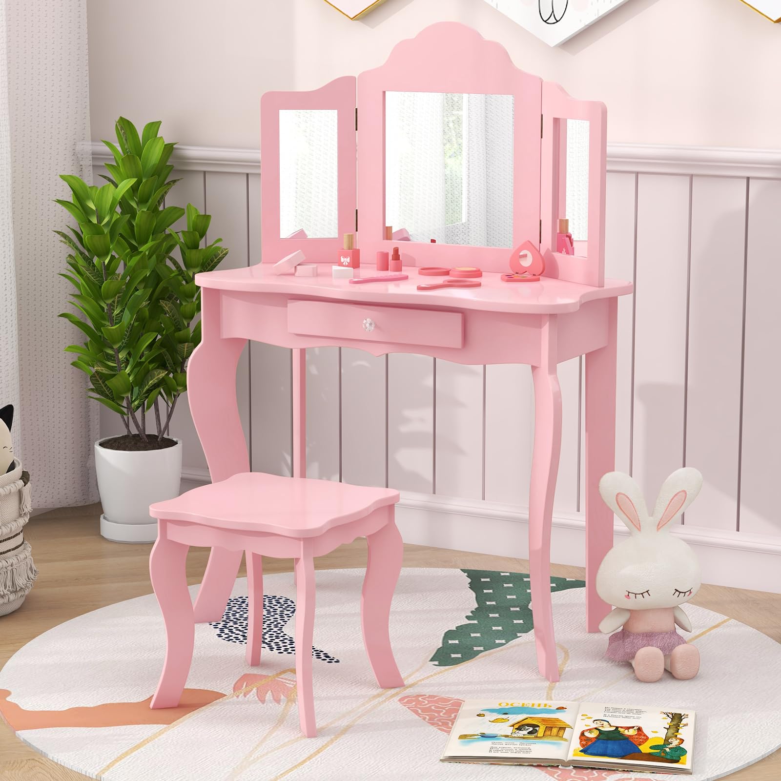 2 in 1 Wooden Princess Makeup Table and Stool with Tri-Folding Mirror for Little Girls Age 4-9