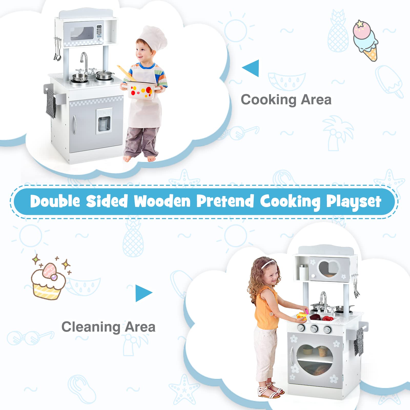 INFANS Toddler Wooden Pretend Cooking Set with Realistic Light & Sound
