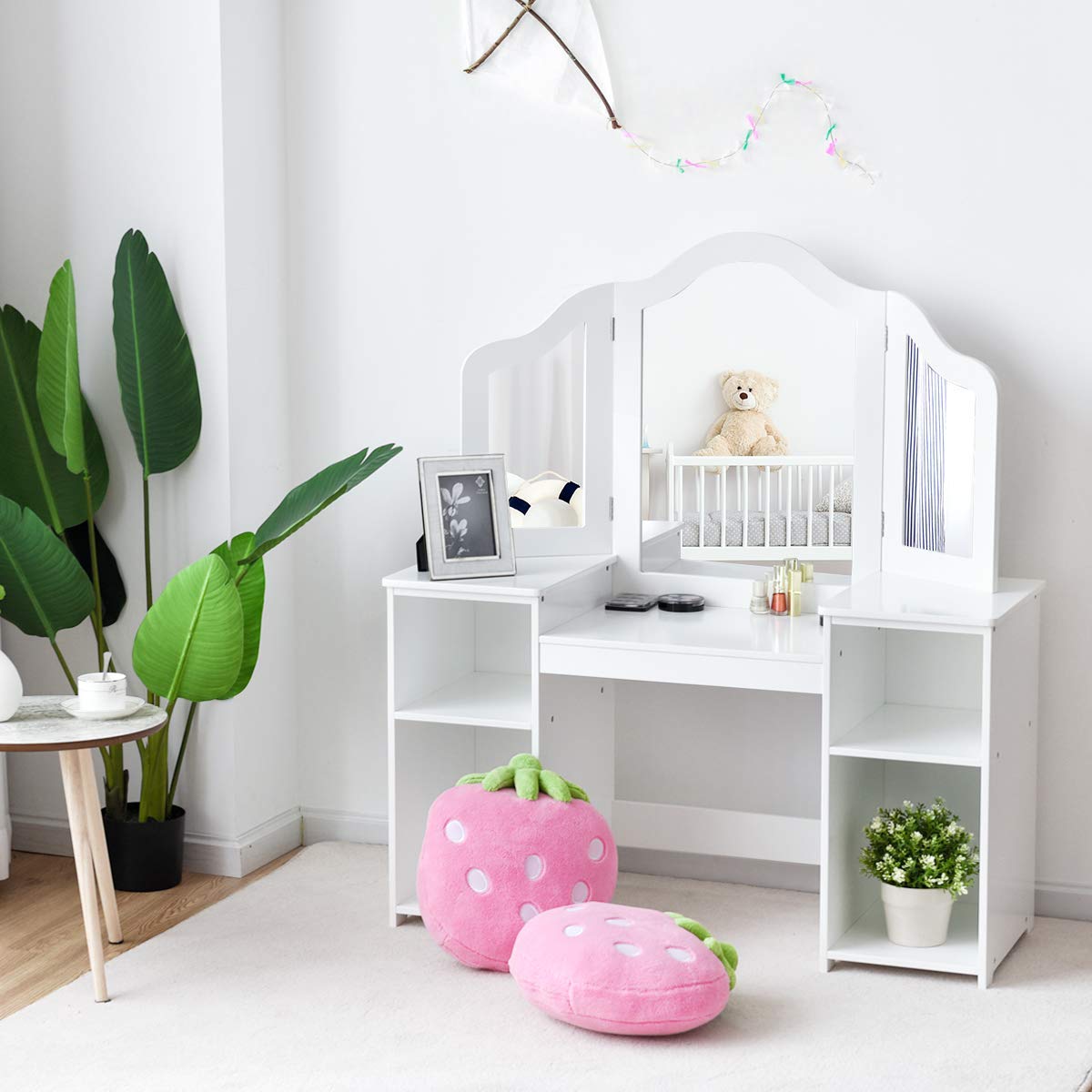 2 in 1 Princess Wooden Table Set for Toddlers with Tri-Folding Detachable Mirror