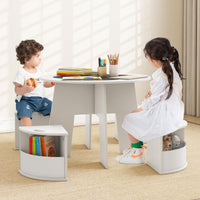 INFANS Toddler Table and Chair Set with 4 Storage Stools, Wooden Flower Shaped Nesting Table with Blackboard Drawers