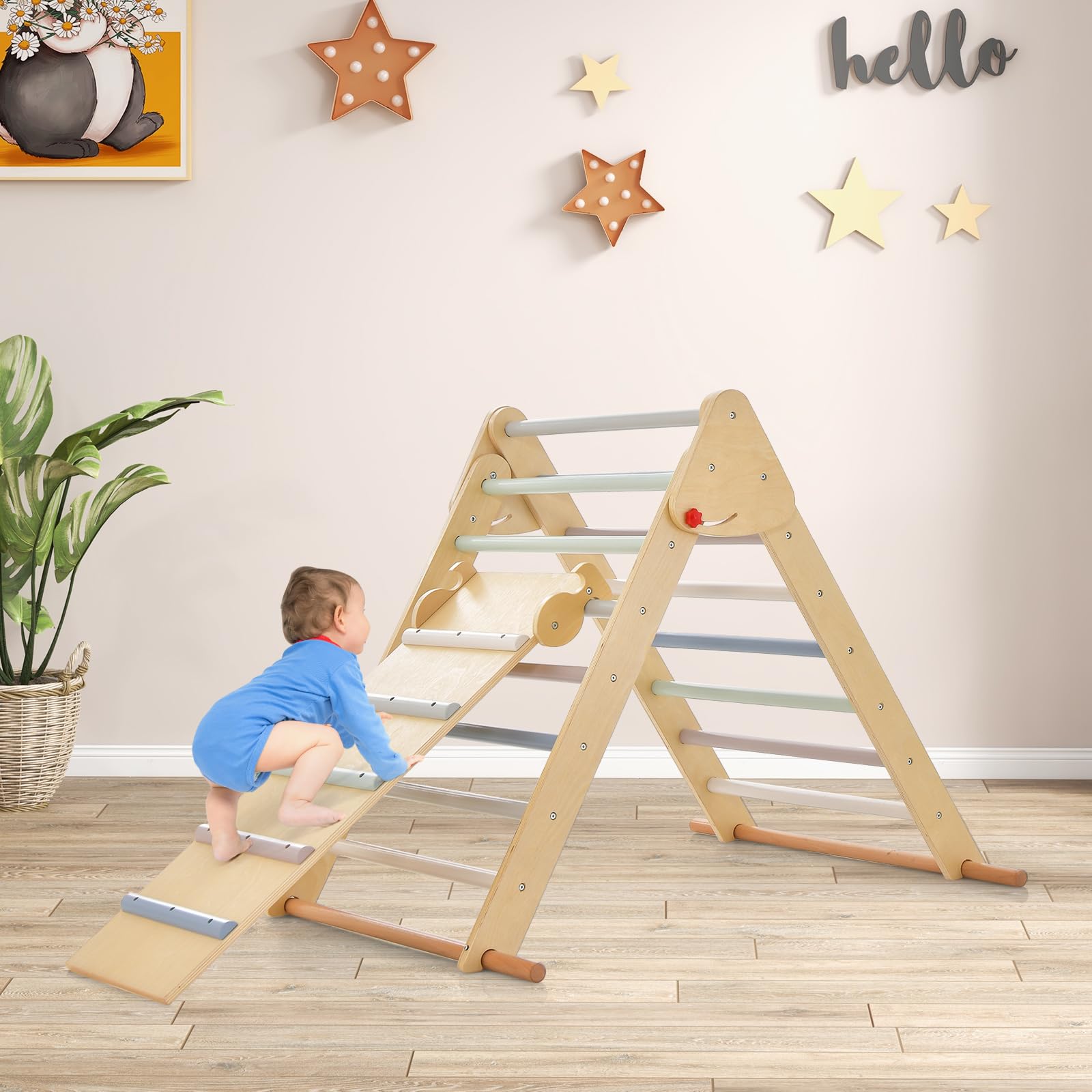 INFANS Climbing Toys for Toddlers, 3 in 1 Foldable Kids Wood Montessori Pikler Climber Ladder with Ramp, Slide